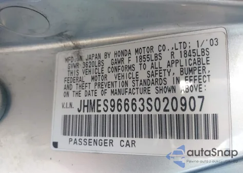 2003 Honda Civic Hybrid from USA, damaged, VIN JHMES96663S020907